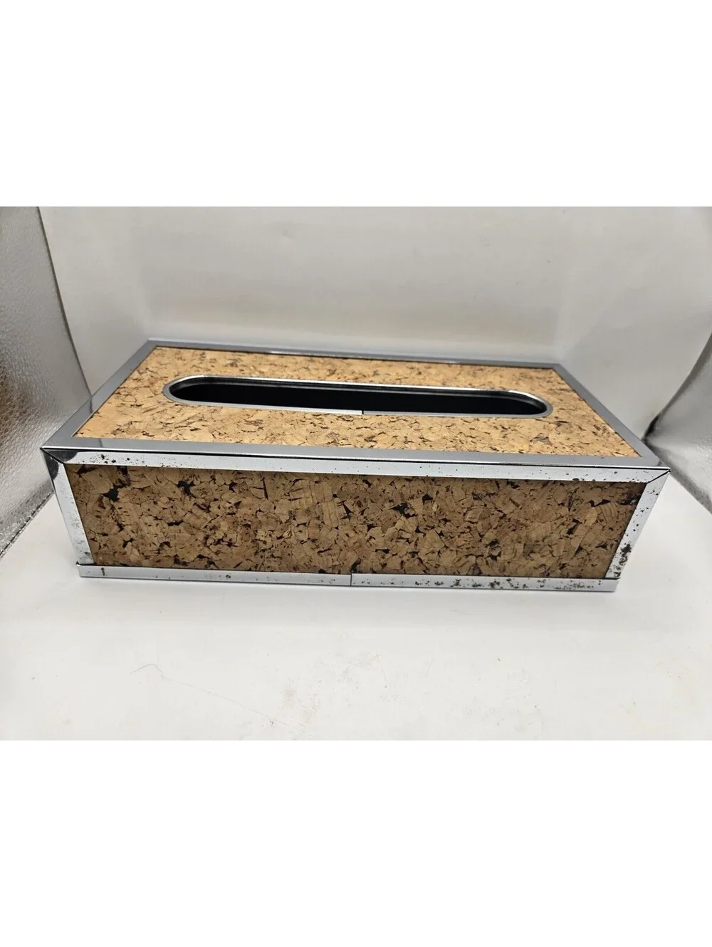 Vintage Mid Century Modern Cork & Chrome Tissue Box Holder Cover Rectangular